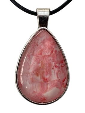 Hand Crafted Fluid Art Necklace Pink White Teardrop Pendant by Svetlana Yeung